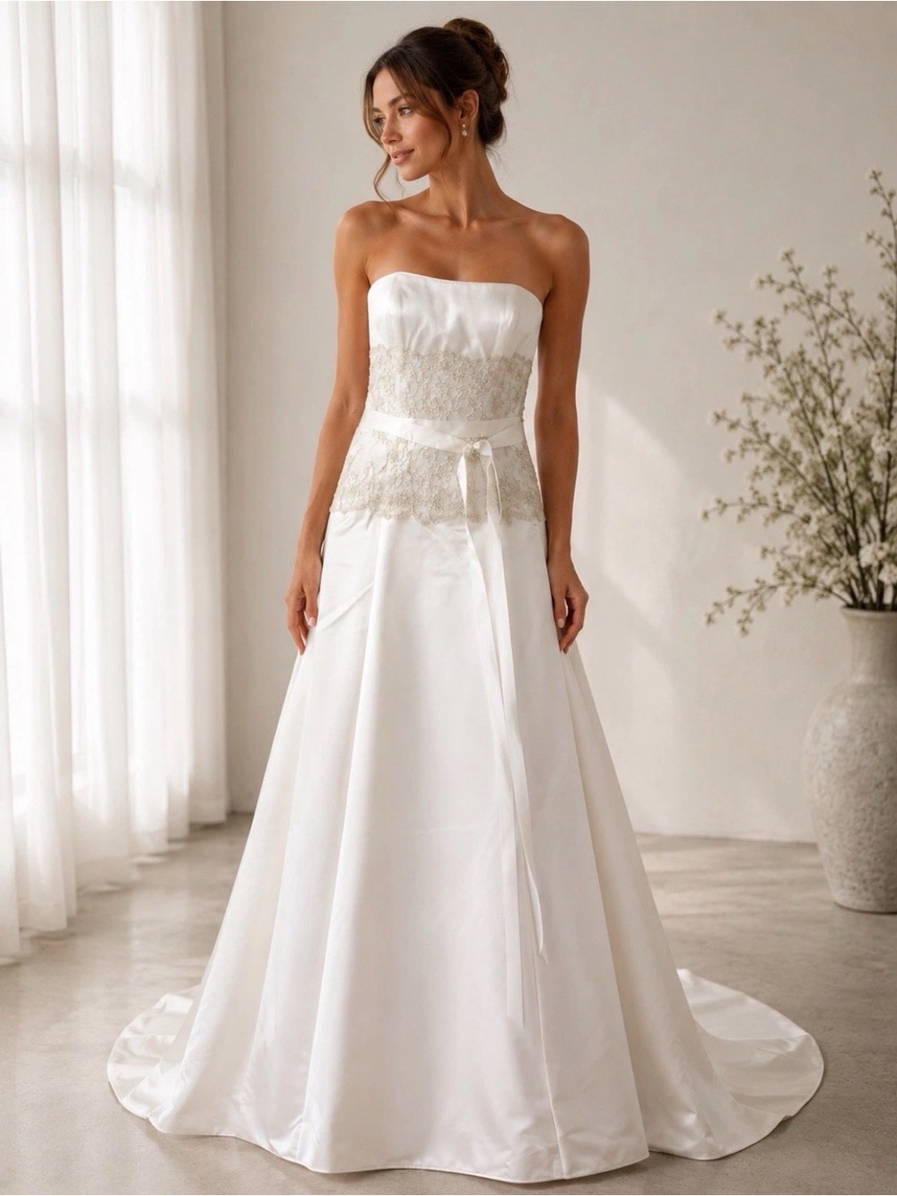 DaVinci ✨ STUNNING WHITE SATIN WEDDING GOWN WITH LACE, BEADING & GORGEOUS TRAIN✨
